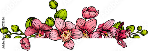 Horizontal border  of pink orchid flowers, hand drawn sketch drawing. vector illustration for wedding event invitation