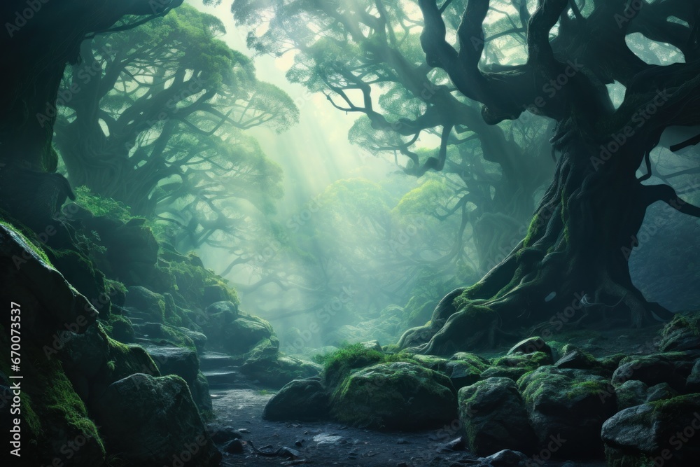 Mystical jade forest with ancient trees and ethereal mists - Enchanted nature scenery.