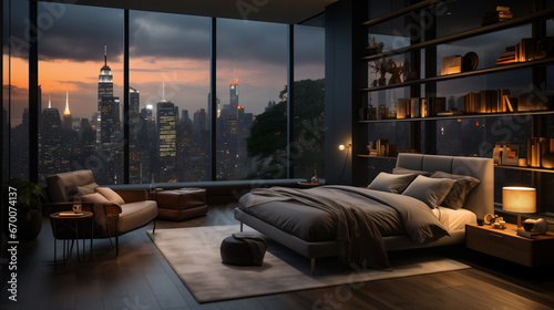 Camera da letto con arredamento moderno con ampia vetrata sulla città al tramonto photo