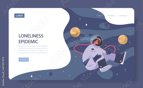 Loneliness web banner or landing page. Unhappy person, astronaut left alone in space. Character suffering from solitude. Modern communication problem and self-isolation. Flat vector illustration