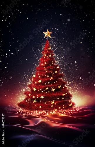 A festive red Christmas tree adorned with a shining star on top © Piotr