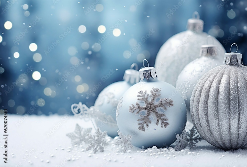 A festive display of Christmas ornaments on a snowy landscape A festive display of Christmas ornaments on a snowy landscape