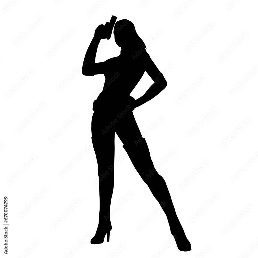 Silhouette of a woman fighter carrying pistol gun or revolver firearm weapon. Silhouette of a female warrior carrying hand gun weapon. Silhouette of a woman fighter carrying pistol gun or revolver firearm weapon. Silhouette of a female warrior carrying hand gun weapon.