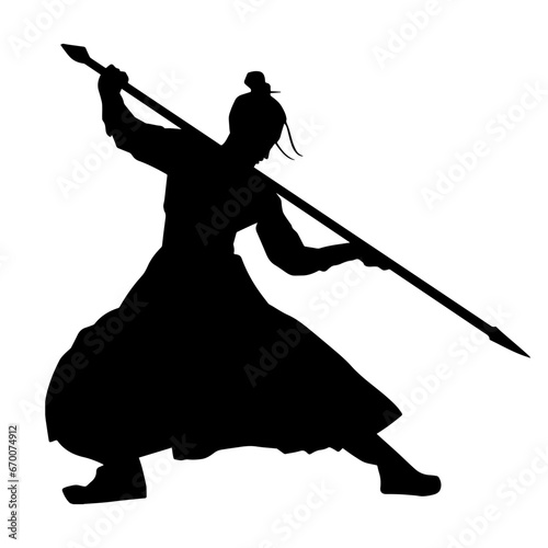 Silhouette of a female fighter in action pose with spear weapon.
