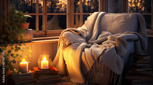 A cozy reading nook by a window, with a comfortable armchair, a stack of books, and a warm throw blanket