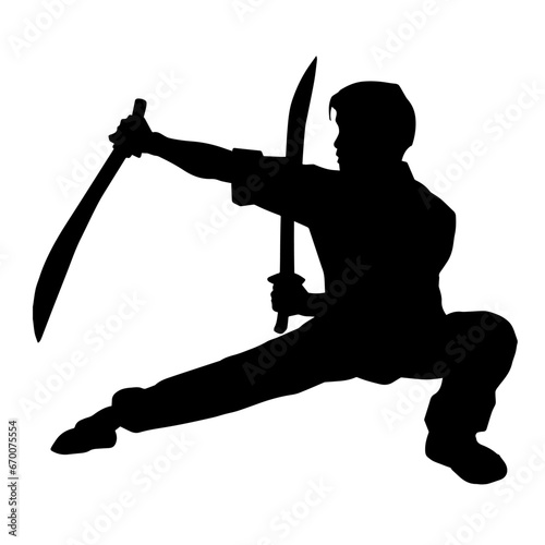 Silhouette of a kungfu or wushu martial art athlete in action pose. Silhouette of a male martial art person in pose with swords weapon.