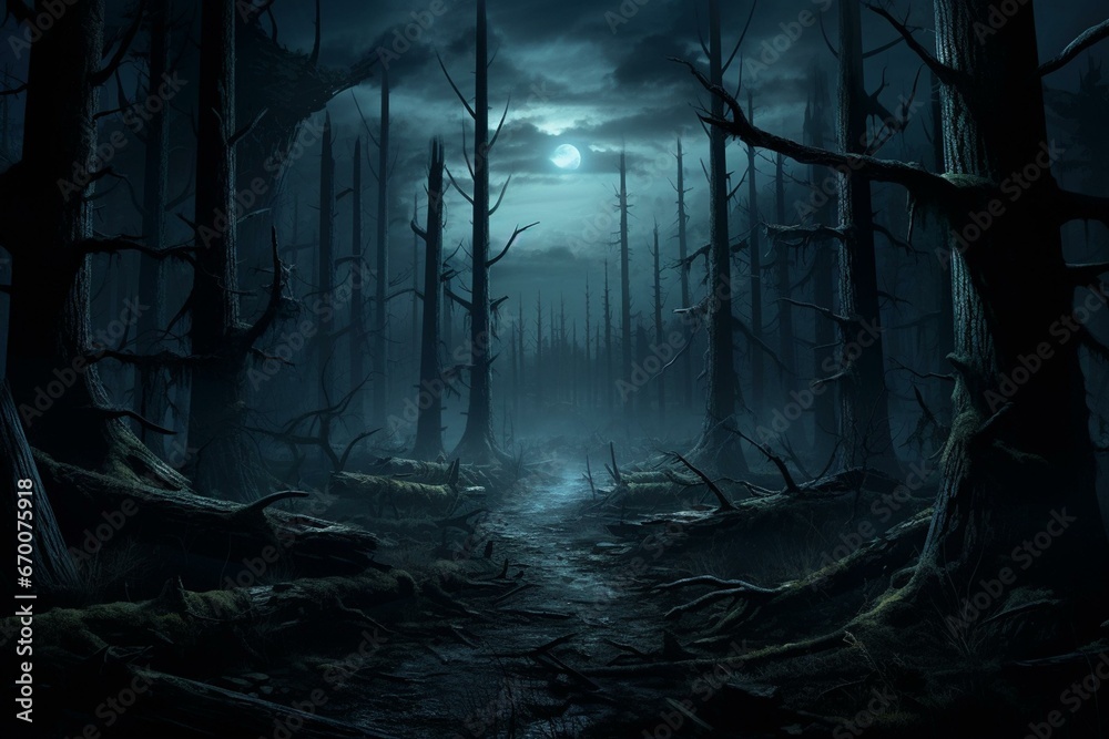 Eerie forest illuminated by a full moon. Generative AI