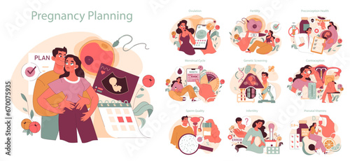 Pregnancy Planning set. Couples explore fertility, ovulation, contraception, and prenatal care. Embracing the journey. Decoding the menstrual cycle. Ensuring healthy conception. Flat vector.