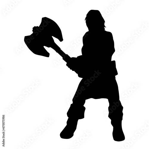 Silhouette of a male fighter carrying axe weapon in action pose. Silhouette of a warrior man in action pose with axe weapon.