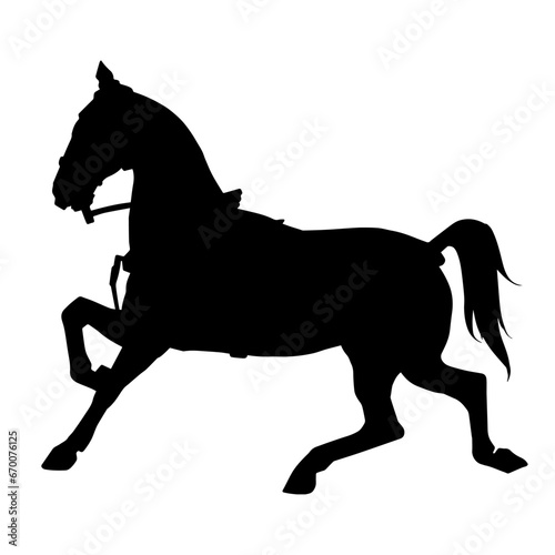 Silhouette of a horse animal running. Silhouette of a horse with horse rope and saddle.