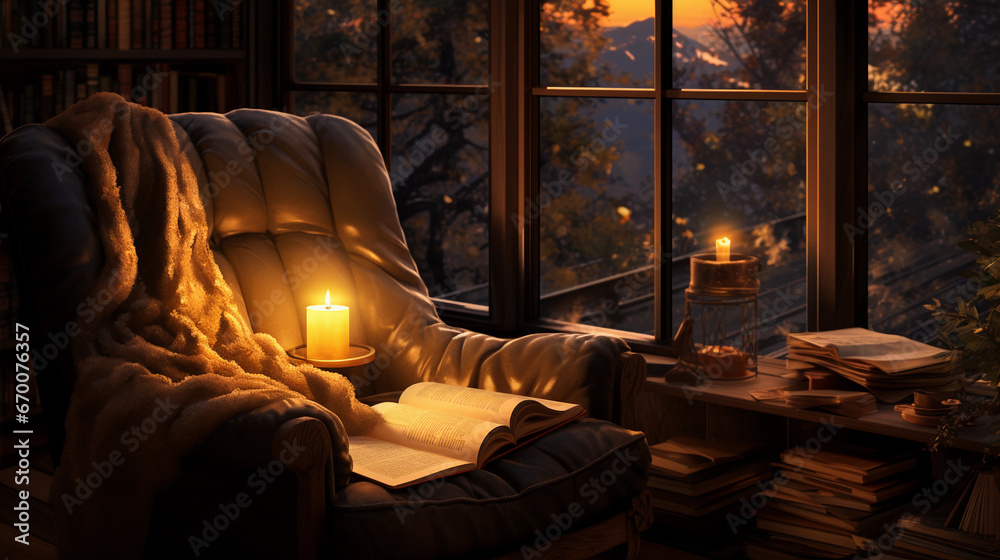 A cozy reading nook by a window, with a comfortable armchair, a stack of books, and a warm throw blanket A cozy reading nook by a window, with a comfortable armchair, a stack of books, and a warm throw blanket