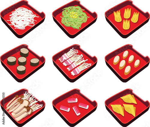 vector set of Shabu menu.pork meat, beef, chicken, dumpling ,bacon illustration.
shabu, sukiyaki, moo kra ta.