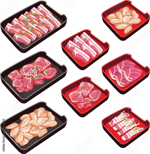 vector set of Shabu menu.pork meat, beef, chicken, seafood ingredient illustration.
shabu, sukiyaki, moo kra ta.