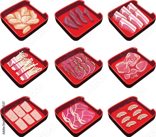 vector set of Shabu menu.pork meat, beef, chicken, seafood ingredient illustration.
shabu, sukiyaki, moo kra ta.