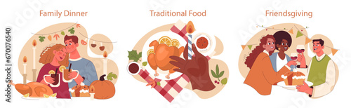 Joyful family celebrating Thanksgiving set. American holiday dining and gathering. Happy children, parents and grandparents spending time together. Flat vector illustration