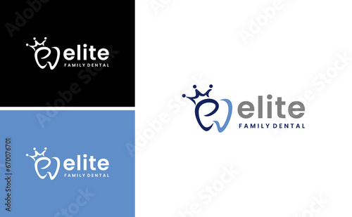 elite dental family logo with crown vector and letter E template 