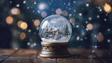 close up of Christmas snowglobe on a bokeh background