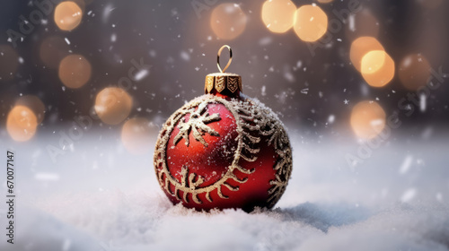 close up of a red christmas ball on snow and bokeh background