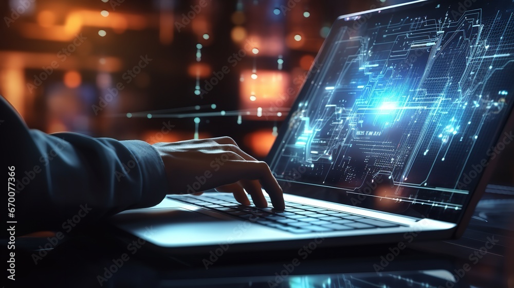 Data scientist and programmer examining financial data on a future virtual interface on a laptop. Generative Ai. Data scientist and programmer examining financial data on a future virtual interface on a laptop. Generative Ai.