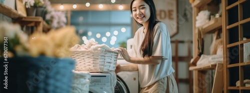 Asian woman washing clothes in washing machine