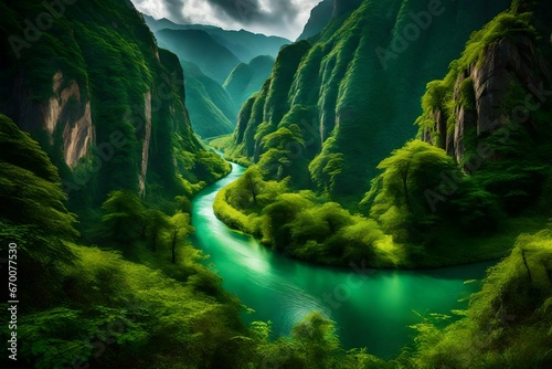 A pristine, emerald-green river winding through a lush valley, surrounded by towering cliffs and vibrant vegetation. --