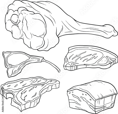 meat products. vector hand drawn illustration with set meat products. line vector set