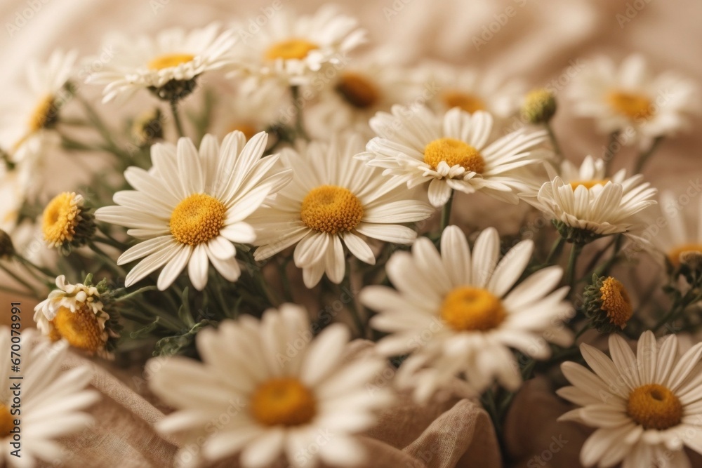 Fototapeta premium Elegant aesthetic chamomile daisy flowers pattern with sunlight shadows on neutral beige background with copy space 