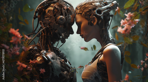 Cyborgs Embrace While Flowers Bloom