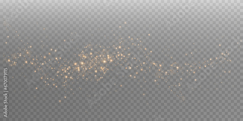 The dust sparks and golden stars shine with special light. Vector sparkles on a transparent background. Christmas light effect. Sparkling magical dust particles. 