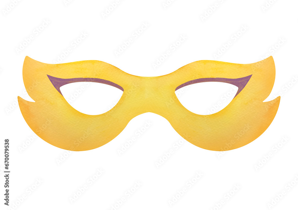 Mardi Gras yellow carnival mask clip art. fat tuesday carnival mask cut out. festival masquerade accessories isolated on transparent background illustration. Opera and theater costume element