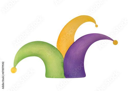 jester's hat in yellow, purple, green colors for Mardi Gras holiday. watercolor festive illustration isolated on transparent background. clip art and cut out fancy dress element
