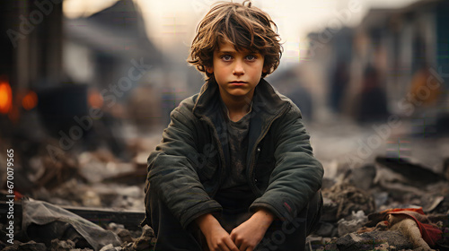 A sad dirty boy in a city at war. the idea of supporting children's rights.