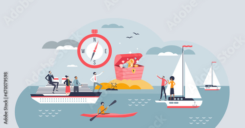 Wealth management and financial business profit searching tiny person concept. Journey to search finance independence and success vector illustration. Various strategies to reach goal and target.