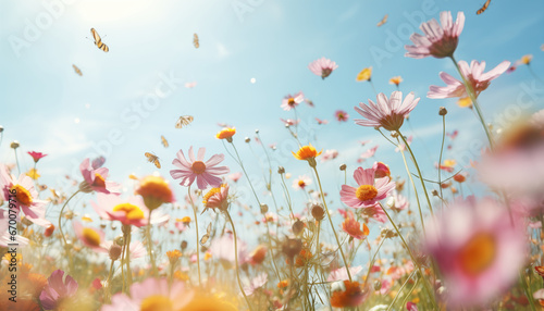Blumen Pollen fliegen mit viel Licht auf einer bunten Blumenwiese herum als  Hintergrund photo