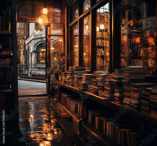 Hallway of an old vintage book store with view of the street