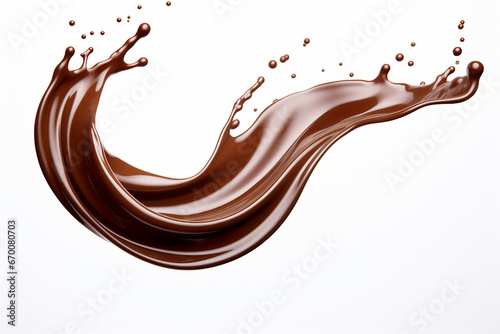 The close up detail of the chocolate liquid splash isolated on white background. Generative AI.