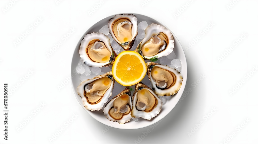 top view Dish with oysters, sliced lemon, ice. Dish isolated on white background top view Dish with oysters, sliced lemon, ice. Dish isolated on white background