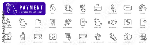 Set of payment methods line icons. Card, money, bank, cash, wallet etc. Editable stroke