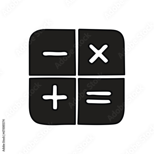 A hand-drawn cartoon icon of mathematical symbols on a white background. Minus, multiply, plus, equal. © Павел Костенко