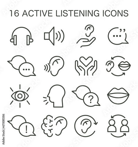 Active listening skill icons set. Symbol of attentiveness soft skill. Conversation  negotiation  emotional intelligence and team work. Flat vector illustration