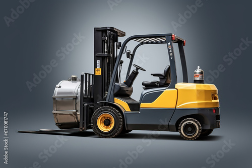 industrial Forklift with Oil Drums for Warehouse and logistics concepts, isolated on dark gray background as wide banner with copyspace area for text