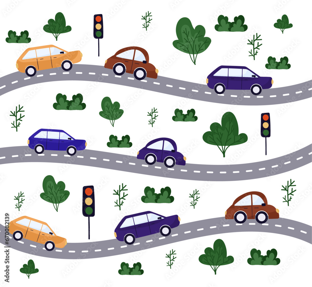 Children's cute illustration in flat style. Bright, colorful cars, wavy