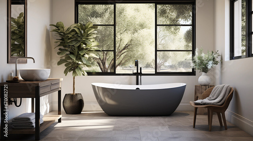 A stylish bathroom with a freestanding bathtub, elegant fixtures, and spa-like decor