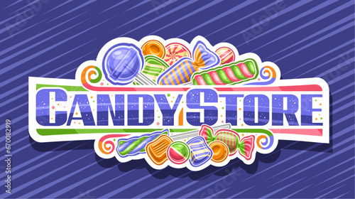 Vector logo for Candy Store, horizontal cut paper sign board with illustration of vivid multi colored candy still life composition and unique lettering for text candy store on blue abstract background