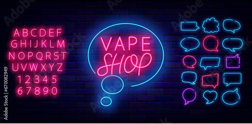 Vape shop neon inscription. Minimal lettering. Smoke market label. Cloud frame. Bright advertising. Vector illustration
