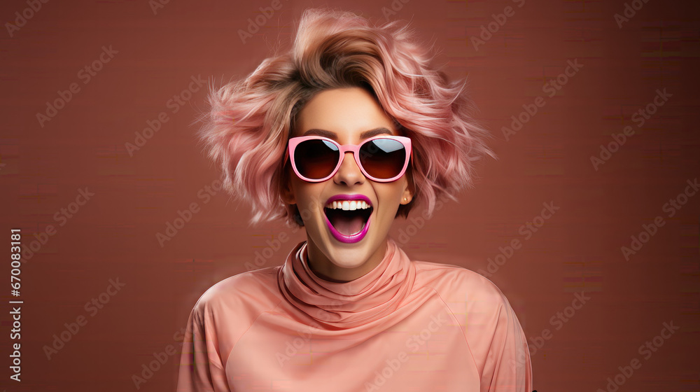 Portrait of satisfied overjoyed woman wear stylish clothes shouting yeah win. Isolated on pink color background