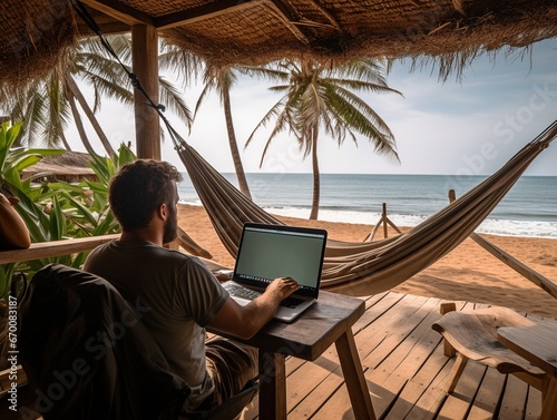 A young man works on a computer remotely, near the beach, digital nomad generative AI