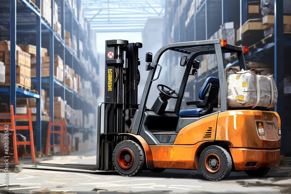 industrial Forklift with in inventory storage area for Warehouse and logistics concepts as wide banner with copyspace area for text