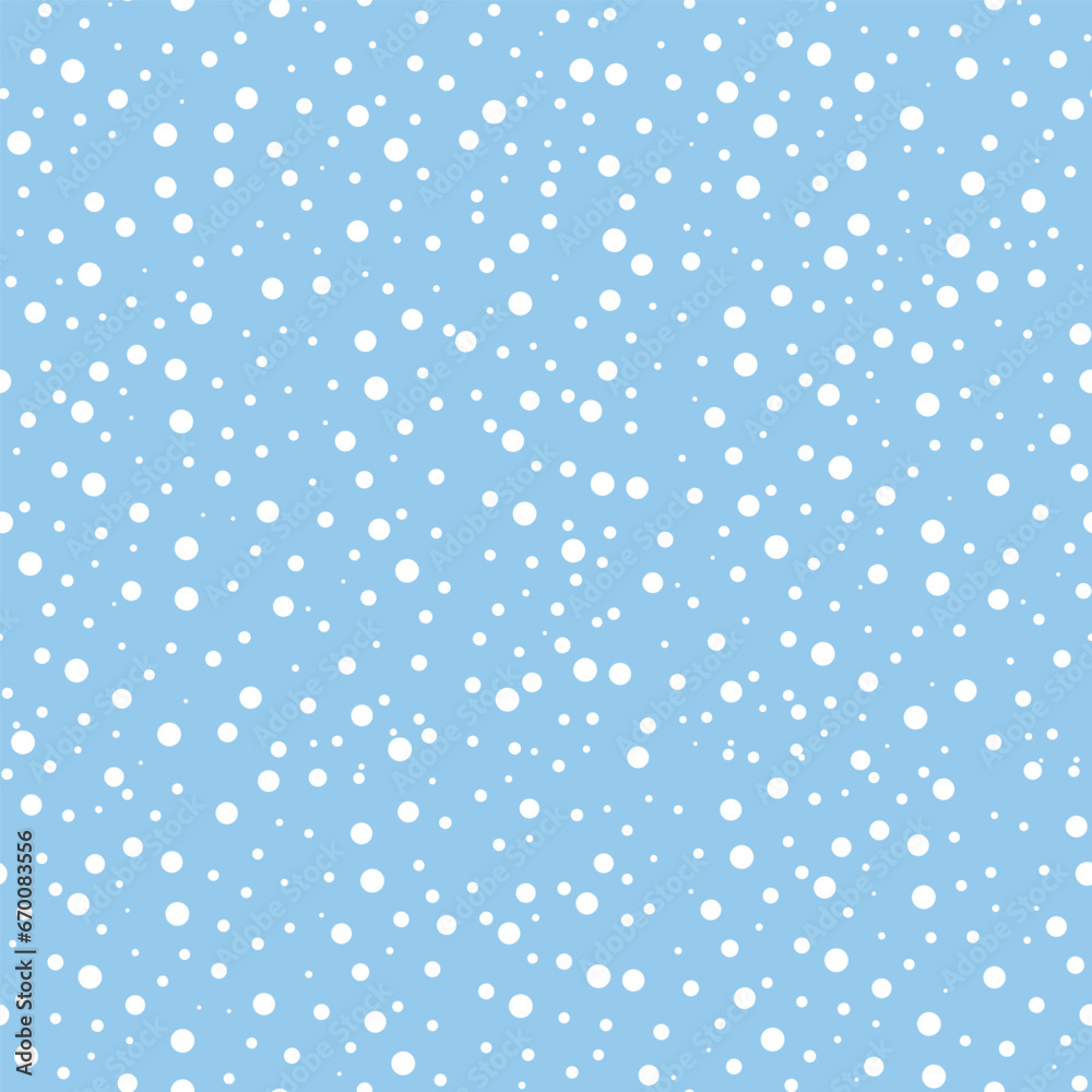 Snowfall seamless pattern. Snow falling on blue background. Simple winter print for packaging design, brochure, flyer, textile and wallpaper, vector illustration