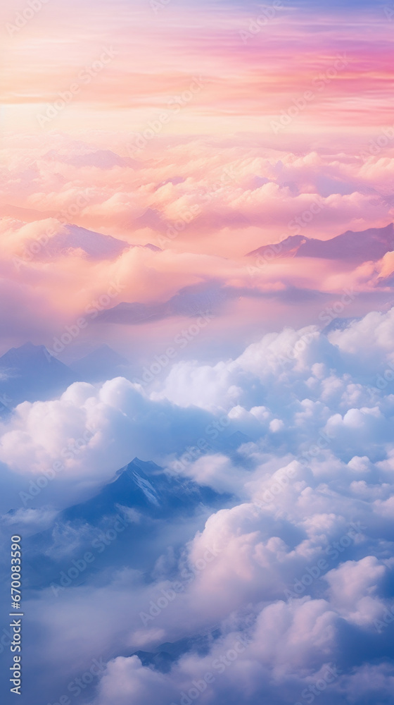 Cloudscape over mountain peaks at dawn. Clouds in pink and blue shades.